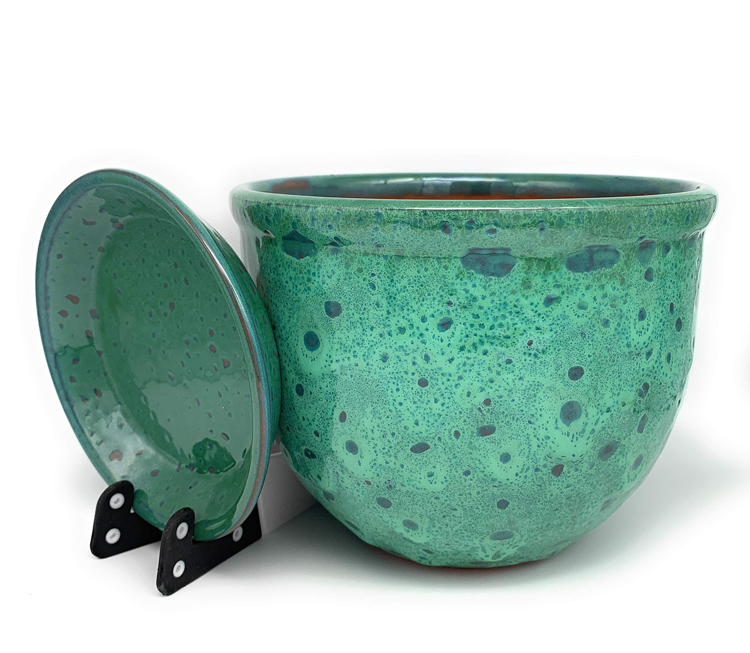 Sun Cakes Ceramic Plant Pot Glazed with Saucer Round Terracotta with Drip Tray Flower Pot Clay Coloured Flower Pot Sea Foam (16cm x12cm, Green)