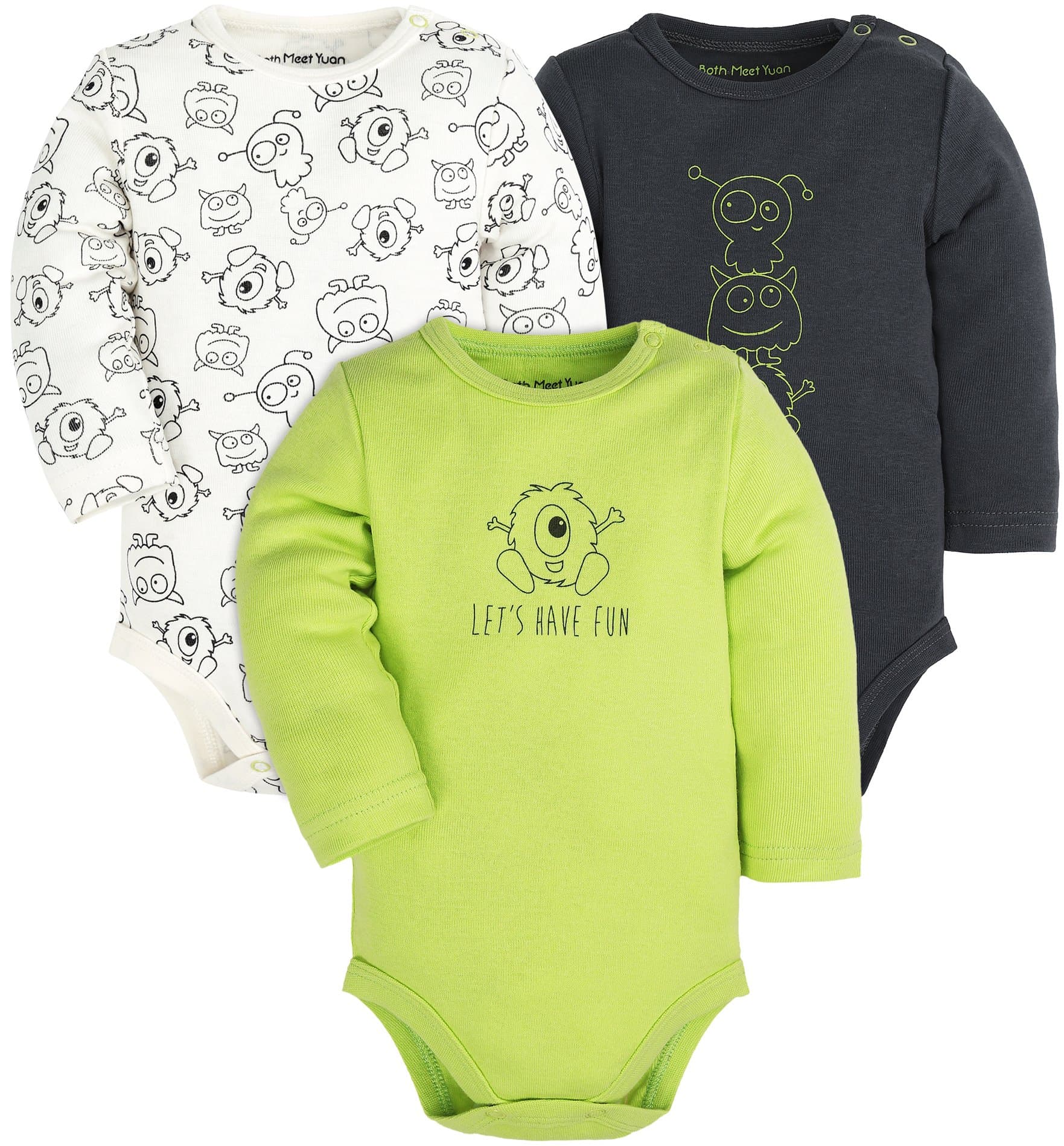 Baby 3-Pack Cotton Boys and Girls Long and Short Sleeve Bodysuits,Gray/White/Green