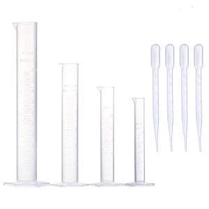Yizerel Measuring Cylinder Set, 4 Sizes Graduated Polypropylene Lab Test Tubes in 100 ml, 50 ml, 25 ml, 10 ml for Laboratory, Science Experiments with 4 Plastic Droppers in 3 ml