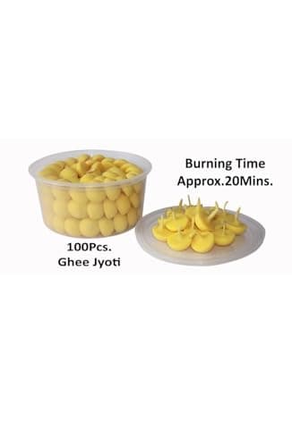 Om Phool Batti Cow Ghee Diya for Puja, 200 Pieces, Wax Free Vegan Ghee Batti/Wicks/Jyot for Puja Aarti, (Pack of 1, Yellow, 200 Pcs)