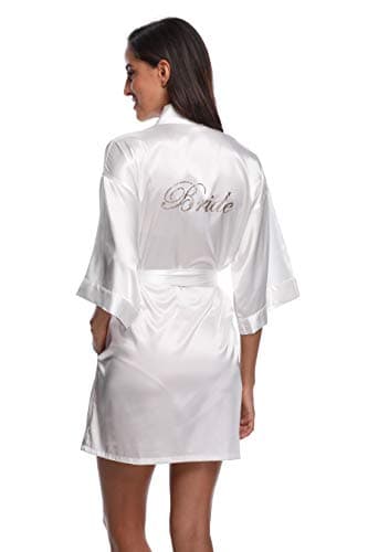 Women's Silky Bride Bridesmaid Kimono Robes Short Wedding Party Getting Ready Robe Dressing Gown with Gold Glitter, Bride S