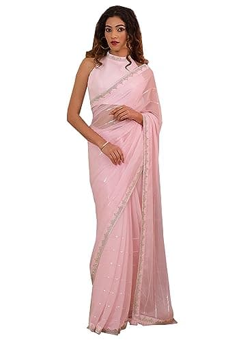 TRENDMALLS Women's Moss Chiffon Siroski Saree with Belt Unstitched Blouse Piece (K1042-LightPink)