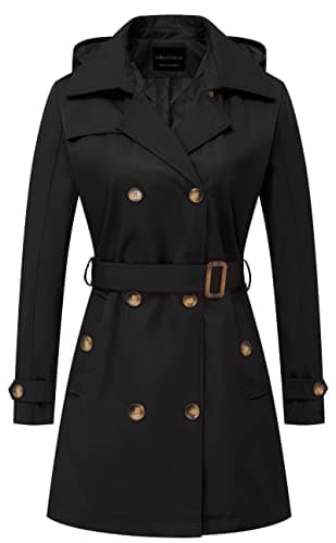 CREATMO US Women's Trench Coat Double-Breasted Classic Lapel Overcoat Belted Slim Outerwear Coat with Detachable Hood