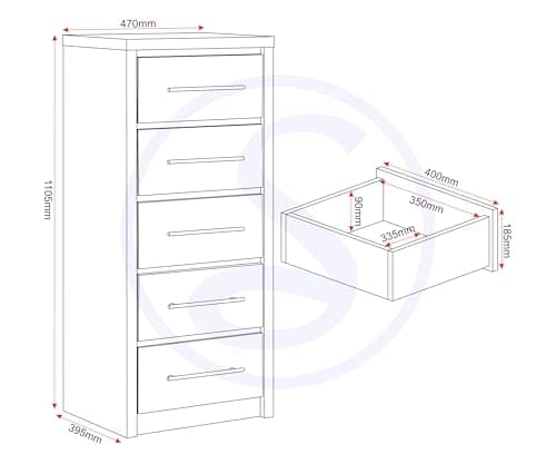 Seconique Seville 5 Drawer Narrow Chest in Grey Gloss/Light Oak Effect Veneer