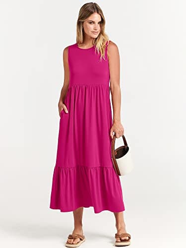 ANRABESS Women's Summer Casual Sleeveless Crewneck Swing Sundress Fit & Flare Flowy Tiered Maxi Dress with Pockets