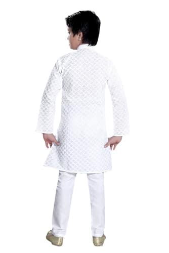 Baba & Baby boys traditional ethnic wear cotton chikankari white kurta pajama set (White Chikan, 3-4 Years)