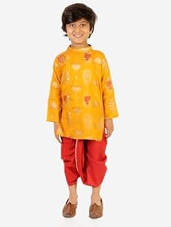 Superminis Boy's Golden Foil Printed Side Open Cotton Kurta, Round Collar, Full Sleeves With Cream Color Dhoti