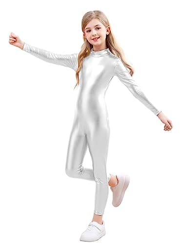 Girls Shiny Metallic Unitard Long Sleeve Leotard Turtleneck Kids Bodysuit for Costume Dance 3-12 Years