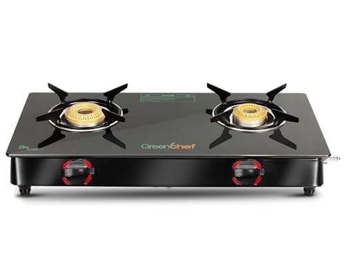GREENCHEF Elon Glass cook top Two Burner Gas stove,Black Body (Manual Ignition), toughened glass top, Compact Design, pan support – ISI certified