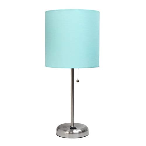 Simple Designs LT2024-AQU Brushed Steel Stick Table Desk Lamp with Charging Outlet and Drum Fabric Shade, Aqua