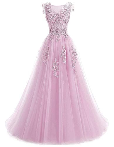 Ever Girl Women's Sweep Lace Appliques Scoop Collar Tulle A-Line Prom Dresses Pink US10
