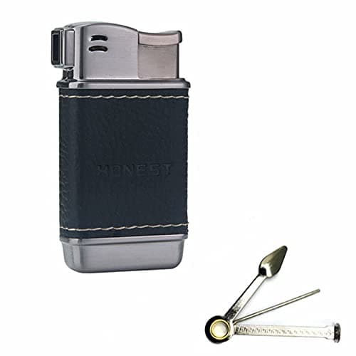 Honest Pipe Lighter Soft Flame Refillable Butane Lighters Czech Pipe Tools (Titanium+Black Leather)