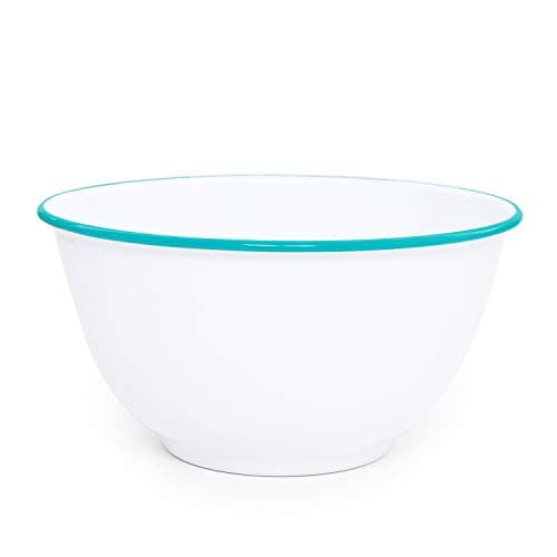 Crow Canyon Home Enamelware Salad Bowl, 5 quart, Vintage White/Turquoise