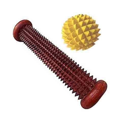 Silistar Foot Roller Wooden Acupressure massager Pain Relief Rod (Brown) with Ball Massager Yellow OR Green(Colour)