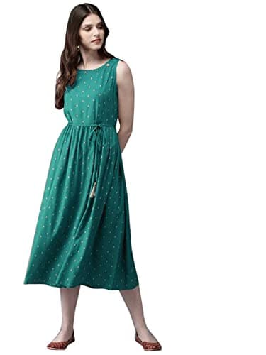 T.A.D The Attire Destination Women Gold Printed Rayon Flared Kurta (Medium, Light Green)