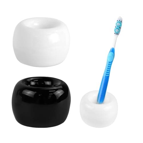 2 Pack Ceramic Toothbrush Holders for Bathroom Mini Ceramic Toothbrush Holder Toothbrush Stand for Tooth Brush Small Sleek Ceramics Toothbrush Holder for Vanity Countertops (White + Black)
