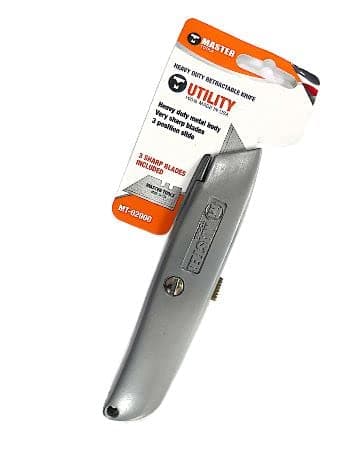 MASTERTOOLSMade in USA Retractable Utility Knife with 3 Blades - STEEL UTILITY KNIFE Heavy Duty Box Cutter for Cutting and Trimming