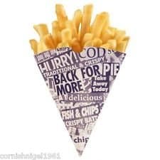 100 Newsprint Chip Cones with Chip Mini Forks (Designed for Food Use)