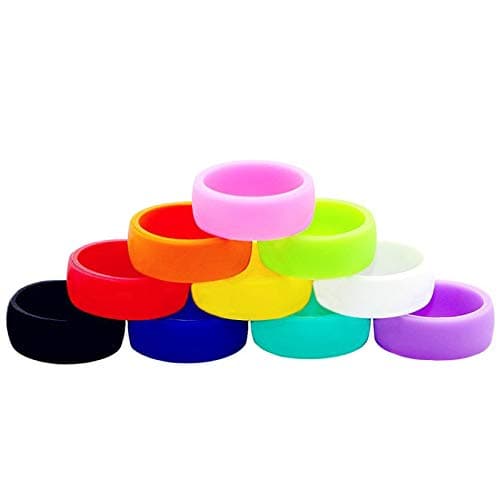 ThreeBulls 10 Pack Wedding Band Pack for Men Women Flexible Comfort Sport Love Ring Silicone Wedding Ring- Birthday or Anniversary Black red blue yellow pink sky blue white orange green purple