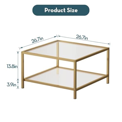 SAYGOER Glass Coffee Table with Storage 2-Tier Square Glass Center Table for Living Room Home Office with Gold Metal Frame Modern Table for Small Spaces