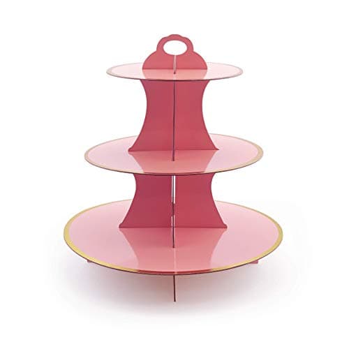 iFavor123 Round Solid Pink Gold Trim Premium Sturdy Cardboard Cupcake Stand Dessert Tower Treat Stacked Pastry Serving Platter Food Display