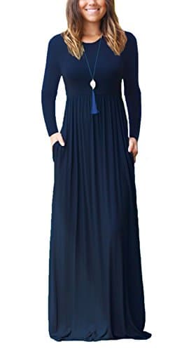 DEARCASEWomen's Maxi Dress Long Sleeve Crewneck Loose Plain Casual Empire Waist Fall Party Long Dresses with Pockets