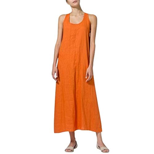 Kingfansion Womens Dresses Summer Plus Size Solid Sleeveless Cotton Linen Casual Loose Maxi Dress