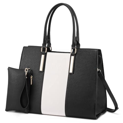 LOVEVOOK Laptop Bag for Women, Large Computer Tote Bag Handbag Shoulder Bag With Clutch Purse, Business Work Briefcase Travel Bag, 2 PCs 15.6-inch, Black-White