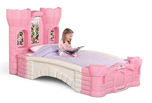 Step2 Princess Palace Twin Bed for Girls - Kids Durable Plastic Platform Bed with Headboard, Mattress Support Board and Built-in Light, Pink/White