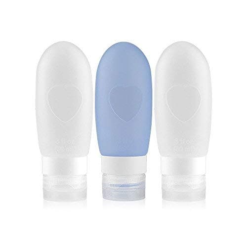 YMWILL Portable Soft Silicone Travel Bottles- 100% Guaranteed Leak Proof, Set of 3 Oz TSA Approved Refillable Squeezable Silicone Bottles With Zippered Clear Toiletry Bag (White+White+Blue)
