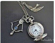 Hunter Pocket Watch Necklace ,Antique Silver Bow and Arrow,bird Pendant Watch Necklace
