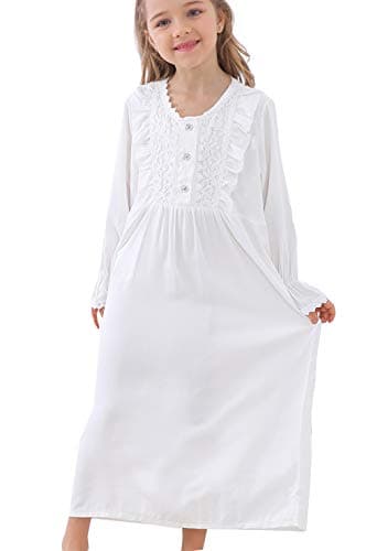 PUFSUNJJGirls Lovely Lace Nightgowns Long Sleeve Cotton Sleepwear Toddler 3-10 Years