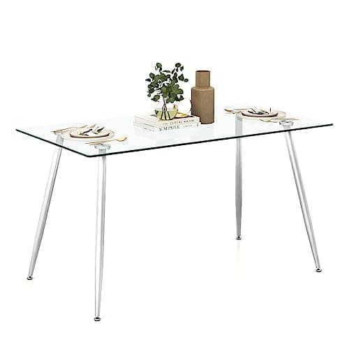 Tangkula Glass Dining Table, Modern Rectangular Table with Tempered Glass Tabletop & Sliver Steel Legs, Simplistic Kitchen Table, 51 x 27.5 x 29.5 Inch, Versatile Table for Home Office