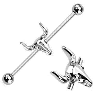 Surgical Steel Hypoallergenic silver Bull Cow skull Texas Longhorn Industrial Barbell nipple tongue piercing bar body jewelry 35mm 14g gauge 14g