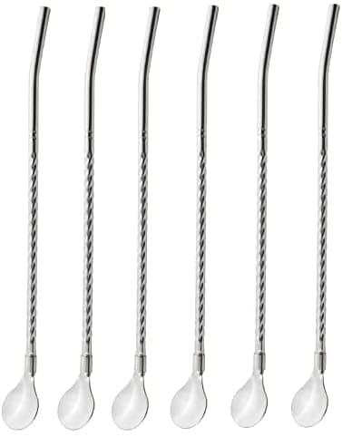 ARTC6Pcs Stainless Steel Straw Reusable Drinking Spoon Straw For Home Party Barware Bar Accessories (Silver)
