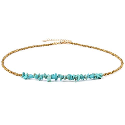 Turquoise Choker Necklace Gold Hematite Beaded Tiny Dainty Minimalist Jewelry for Women 15’’