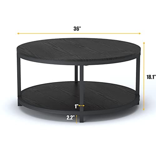 NSdirect 36Â” Wood Round Coffee Table, Industrial Wood Top & Sturdy Metal Legs for Living Room Modern Design Home Furniture with Storage Open Shelf (Black)