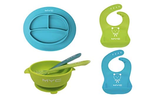 MYC Babystyle 6pc Baby Feeding Set, Toddler Bowl and Plate Set, 2 Silicone Bibs+ 2 Spoons+ 1 Suction Plate+ 1 Suction Bowl, Baby Dinnerware Set (Blue+Green)