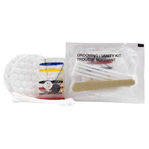 World Amenities Necessities Grooming Vanity Kit | Clear Frosted Sachet, Hotel Amenities | Includes Sewing Kit, Nail File, Q-Tips, 2 Cotton Rounds and Band-Aid, 48 Pack
