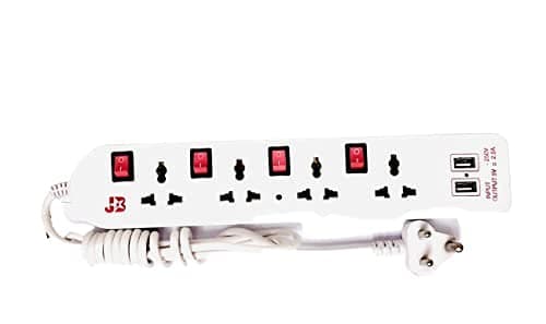 JB Power Electrical Extension Board Four Sockets with Four Individual Rocker Switches with Two USB Battery Charger Port