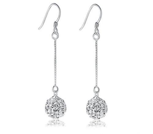 LOVE STORY Womens Long Silver Hook Earring Crystal Disco Ball Ear Stud Drop Dangle Earrings