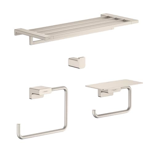 AddStoris Accessory Kit with Towel Rack, Towel Ring, Toilet Paper Holder w/Shelf, and Single Hook in Brushed Nickel