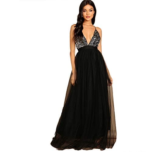 JJHR dress Black Criss Cross Backless V Neck Mesh Bodice Sequin Party Dress Women Sleeveless Ladies Evening Maxi Dress