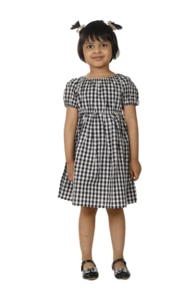 okioBlack and White Checkered Dress with smockings on The Sleeve and Waistline