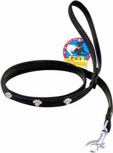 Leather Dog Leash w/ Bling crystal Rhinestone Paw Prints .4" x 4.1' Black in Color