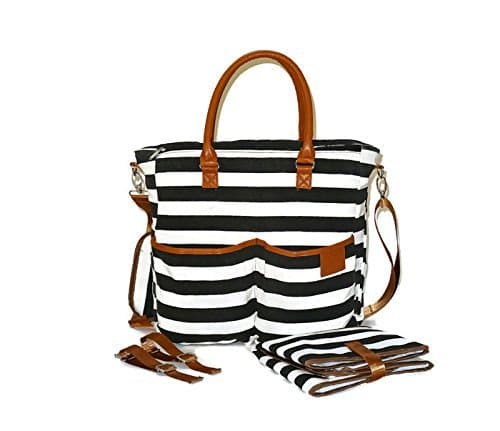 Designer Tote Diaper Bag for Girls and Boys with Baby Changing Pad Insert by Henry and Bear - B W Organizer