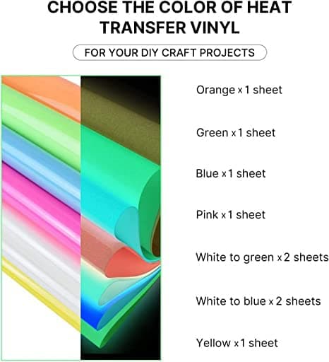 Heat Transfer Vinyl,Glow in Dark Iron on Vinyl 9 Pack 12"x 10" PU HTV Luminous Fluorescent Color for Shirts(Glow in Dark)