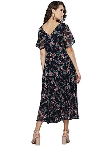 Rare London Women Georgette Fit and Flare Midi Casual Dress (EP6006_Navy Blue_X-Large)