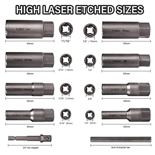 TOPEC 10-Piece Spiral Type Deep Socket, Impact Bolt & Nut Remover Set, for Removing Deep-Set and Broken Nuts, Bolts, Studs, Fittings, Threaded Tubes