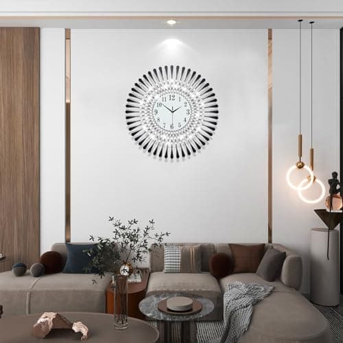 Large Wall Clocks for Living Room Decor Big Modern Silent Wall Clocks Non-Ticking for Bedroom Office Kitchen Home Decorative 24Inch Round Crystal Black Clock Wall Art Decor for Indoor House